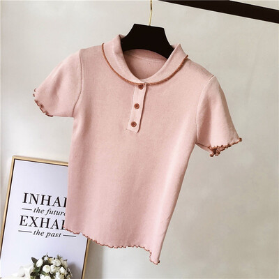 

Cute Crochet Peter Pan Collar Cute Female Teens T-shirt Short Sleeve Contrast Color Chic Womens Summer Cozy Tee Shirt 2019 New