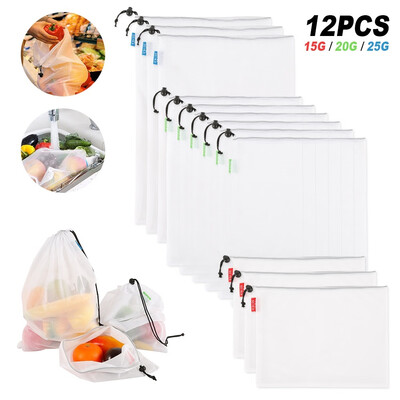 

12 Pcsset Fruit&Vegetable Mesh Bag Reusable Food Storage Bags Reusable Mesh Produce Bags