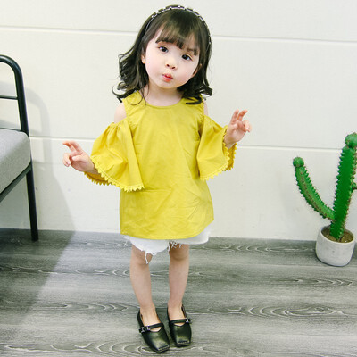 

Kids Summer Girls Sweet Strap Off-shoulder Wear Bottoming Trumpet Sleeved Solid Color Cotton Tops 0-2 Years