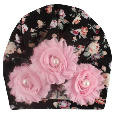 

Autumn Winter Soft Cute Newborn Baby Flower Pearl Design Girls Caps Infant Hat Turban Elastic Caps