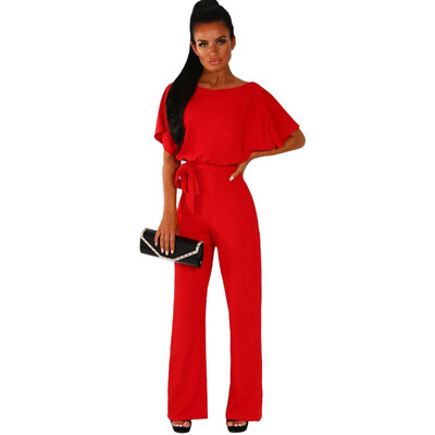 

Plus Size Solid Color Round Neck Short Sleeve Lace Up Party Ladies Jumpsuit High Street Jumpsuits