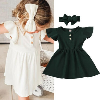 

Newborn Kids Baby Girl Clothes Solid Ruffle Stripe DressHeadband Outfits Set UK