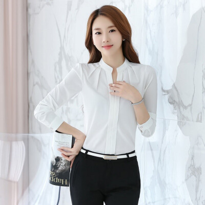 

Autumn Women Tops Long Sleeve Casual Chiffon Blouse Female V-Neck Work Wear Solid Color White Office Shirts For Women