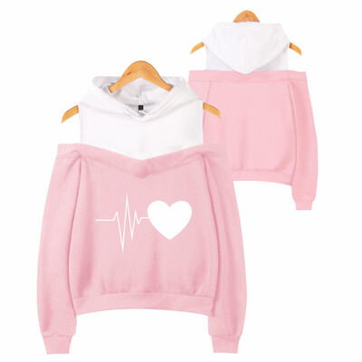

Tailored Women Off Shoulder Heart Print Loose Hooded Sweatshirt Fake Two-Piece Blouse