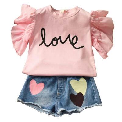 

2017 Autumn Collocation Childrens Clothing Girl Love Letter Short Sleeve T-shirts Heart Mini Shorts Clothes for Girls