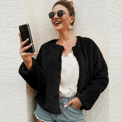 

Fashion Women Winter Fluffy Solid Color Coat Collarless O Neck Long Sleeve Concealed Buttons Faux Fur Thick Casual Jacket