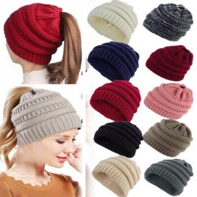 

Ponytail Beanie Hat Women Messy Bun Crochet Cap Winter Warm Knitted Stylish