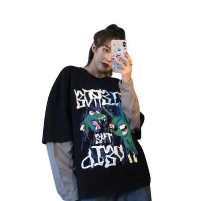 

Loose Casual Cartoon Print Fake Two-piece Tees Korean Style Round Neck Long-sleeved Womens T-Shirt