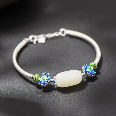 

NeillieN 925 Silver-inlaid Hetian Jade Bracelet Woman Lotus Ethnic Wind Bracelet hand chainLady Bracelet925 Silver Bracelet