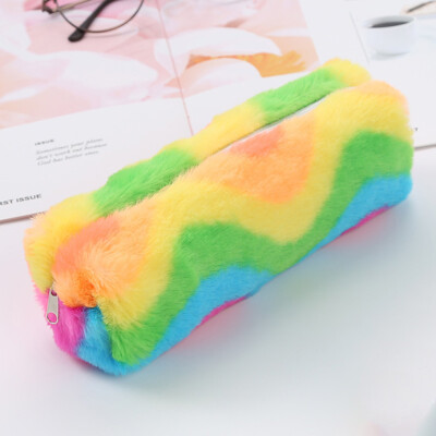 

New Rainbow Plush Fluffy Pencil Case Makeup Pouch Coin Purse Storage Bag For Girl Gift