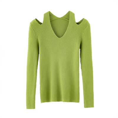 

New Slim Solid Color Off The Shoulder Sweater Korean Style Sexy V-neck Long Sleeve Women Knit Pullover For Autumn