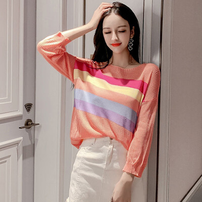 

Women Korean Sweet Sweaters Long Sleeve Light Chic Autumn Thin Kawaii Rainbow Striped Pullovers Knitted Basic Jumpers
