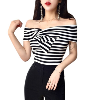

Black And White Off Shoulder Crisscross Front Striped Short Sleeve T-shirt Women Summer Temperament Slim Slash Neck Tops Female