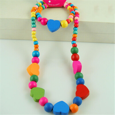 

1 Set Girls Pink Wooden Lovely Smile Beaded Necklace & Bracelet Kids Jewelry