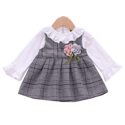 

Autumn Dress Casual Baby Girls Floral Plaid Pattern Long Sleeve Dress Kids Dress