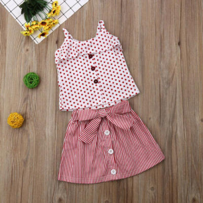 

Canis Toddler Baby Girls Dot Strap Tops Stripe TuTu Dress Outfits Set Clothes