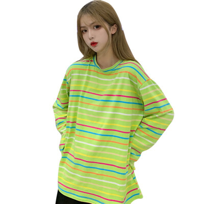 

Rainbow Striped Kawaii T-shirts Long Sleeve Soft Loose Korean Style Women Tee Sweet Punk Oversized T-shirt Stranger Things