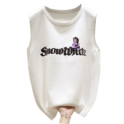 

Women Summer Casual Sleeveless O-Neck Pullover Letter & Cartoon Print Slim Knitted Female Tank Top