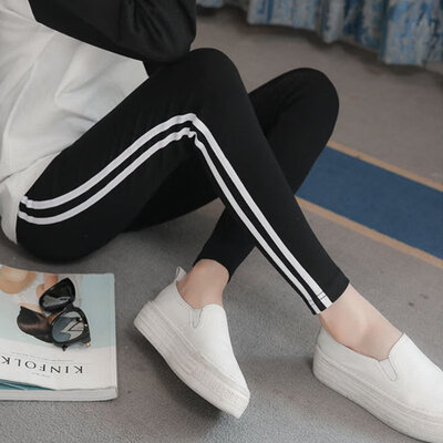 

Women Pregnant Stomach Lift Flower Cat Print Comfortable Elastic Casual Skinny Tights Solid Color Elastic Pants