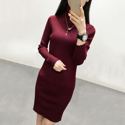 

Women Temperament Turtleneck Sweater Solid Color High Waist Long Knit Long Sleeve Dress Slim Bag Hip Base Skirt