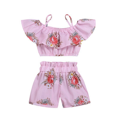 

Summer Baby Girls Casual Sleeveless Strap Floral Print T-shirt TopsShorts Suits Costume Set