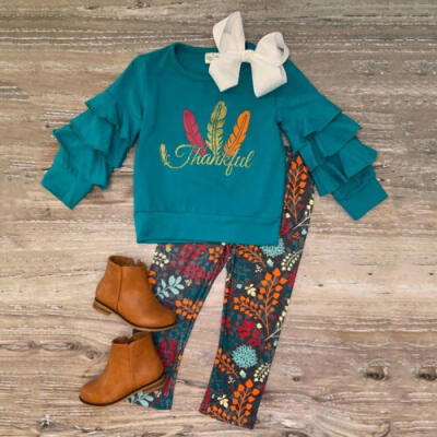 

UK Thanksgiving Kids Baby Girl Clothes Ruffle Tops T-shirtLeggings Pants Outfit