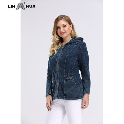 

LIH HUA Womens Plus Size Casual Denim Jacket stockinet high flexibility Slim Fit Jacket Denim hoodie