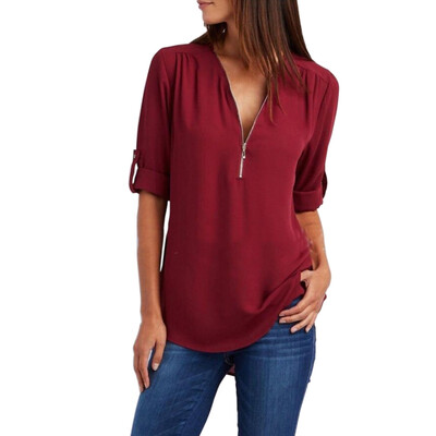 

Plus Size  Womens Blouse Tops Female Casual Long Sleeve Solid Color Loose Chiffon Shirts Blouses Ladies V-Neck Zipper Blouse