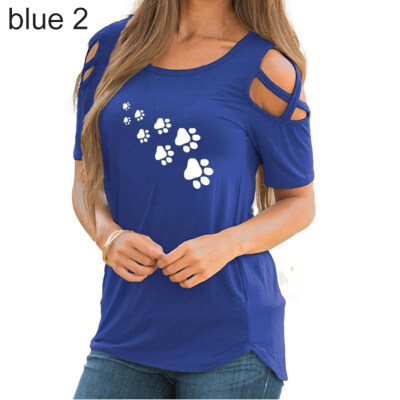 

Summer Casual Paw Print Cross Off Shoulder Short Sleeve O-Neck Women T-Shirt Top