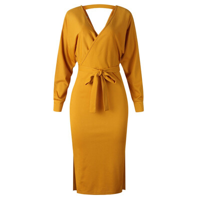 

Women Sexy V Neck Side Split Bandage Dress Autumn New Fashion Slim High Waist Winter Dress Casual Solid Elegant Ladies Dress