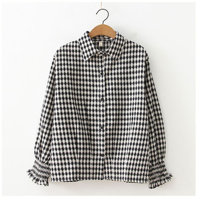 

Autumn Spring Vintage Shirts Women Plaid Slim Stand collar Women Casual Loose Shirts