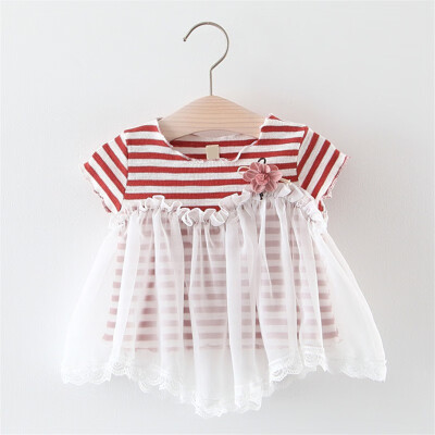 

Children Summer Girls Fashion Lovely Dress Cute Stripe Print Mesh Stitching Bottoming Short Sleeved Sweet Princess Dress