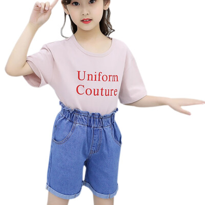 

2PcsSet Summer Baby Girls Casual Fashion Short Sleeve Letter Print T-shirt TopsDenim Shorts Suits Costume Set