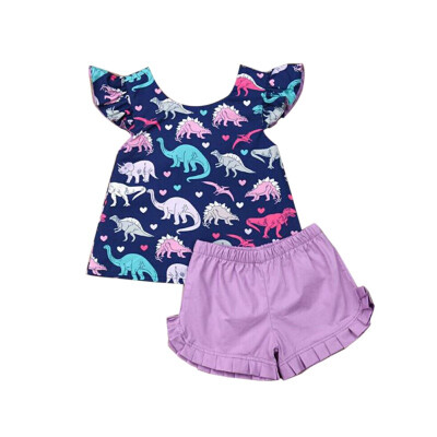 

Summer Baby Girl Clothes Sets Dinosaur Print Sleeveless Top And Short Pant Kit Kids Toddler Two-piece Casual Outfit Set