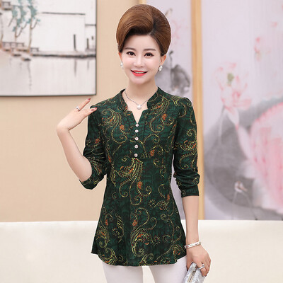 

Yu Zhaolin 2019 new middle-aged womens long-sleeved T-shirt mother loaded spring&autumn clothes shirt bottoming shirt YWMM191342 green XL