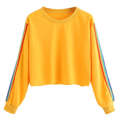 

Women Autumn Winter O-neck Plus Size Loose Long-sleeved Short Color Strip Sweatshirt Sweet Tops