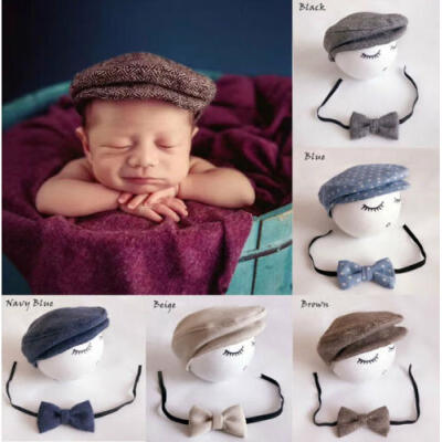 

Newborn Baby Peaked Beanie Cap Hat Bow Tie Photo Photography Prop Outfit Set