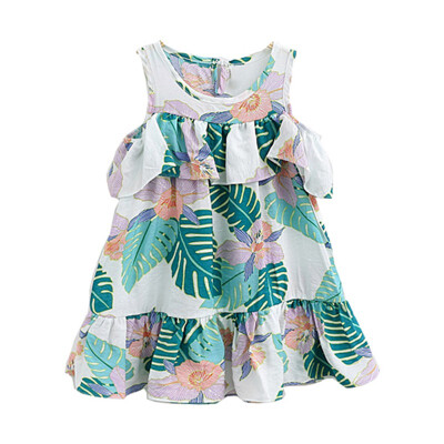 

Girls Kids Children Casual Summer Short A-Line Draped Knee-Length Petal Sleeve Crew Neck Cotton Print Dress