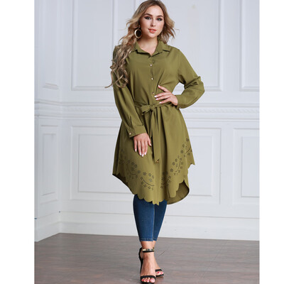 

Women Plus Size Shirt Dress Burning Flowers Hollow Out Irregular Hem Belted Casual Tunic Long Blouse Top