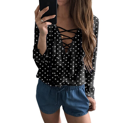 

Women Long Sleeve Loose Blouse Spring Autumn Ladies Polka Dot V Neck Shirt Tops Hot Selling Colors
