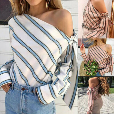 

US Sexy Women Off Shoulder Stripe Tops Summer Beach Casual Loose Bowknot T Shirt