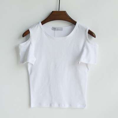 

Simple Solid Color Sexy Cold Shoulder T Shirt Women O-Neck Short Sleeve Short Tshirt Slim Cozy Wild Tee Shirt Femme New