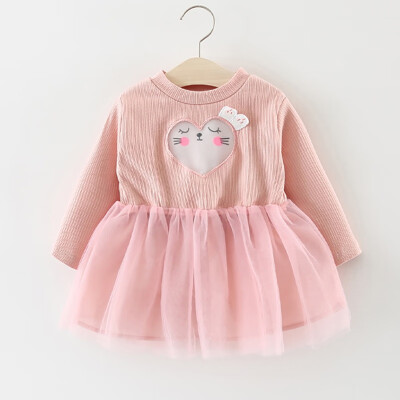 

Autumn Baby Girls Fashion Dress Children Cartoon Heart Pattern Long Sleeve Patchwork Mesh Dress Kids Clothes