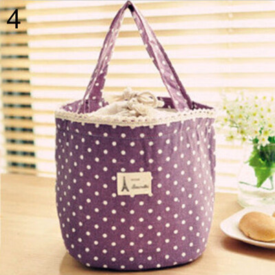 

Portable Linen Cotton Polka Dot Drawstring Insulated Food Lunch Box Bag Gift