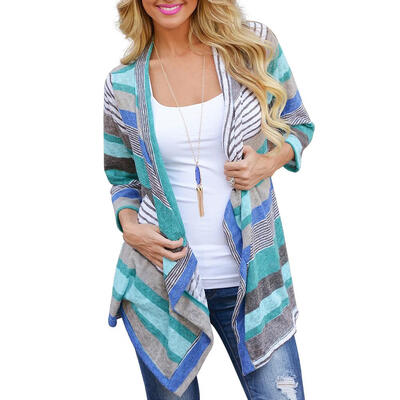 

Women Three Quarter Sleeve Irregular Striped Stitching Autumn Cardigan Coat