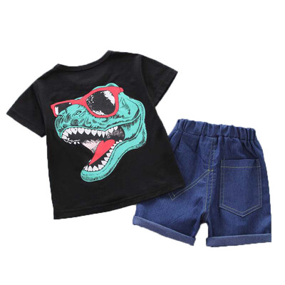 

Summer Kids Boys Short Sleeve Cartoon Dinosaur Print Tops Blouse T-shirtDenim Shorts Children Casual Outfits Sets