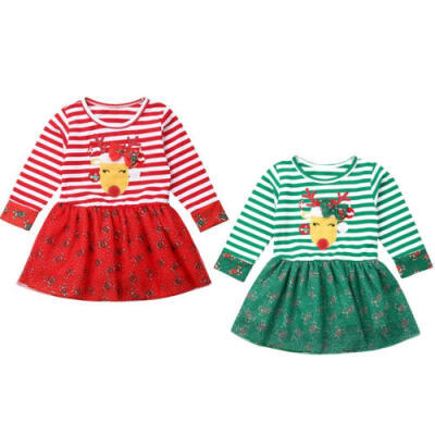 

Newborn Toddler Baby Girl Xmas Clothes Stripe Deer Party Cotton Princess Dress