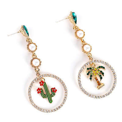 

Fashion Dangle Asymmetry Cactus Coconut Tree Plants Circle Pendant Earrings Chic