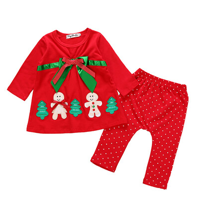 

New Autumn Baby Girl Cotton Long Sleeve Christmas Cartoon Print T-shirt Trousers Toddler Casual Outerwear Clothes Set