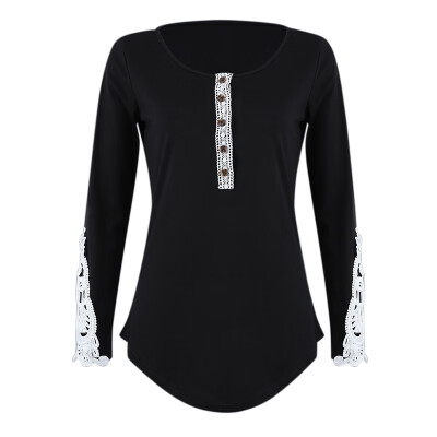 

Women Sexy Striped Tops Round Collar Openwork Lace Stitching Hollow Out Loose Top Long Sleeve Casual T-Shirt Tees